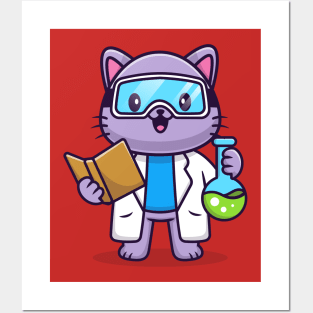 Cute Cat Scientist Cartoon Posters and Art
